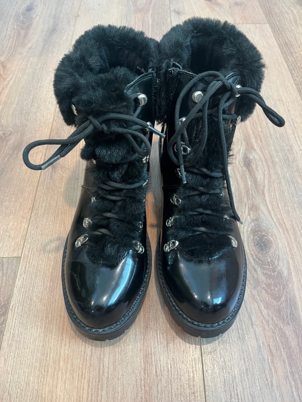 Kelly & Katie Black Patent Lace-Up Faux Fur Ankle Boots